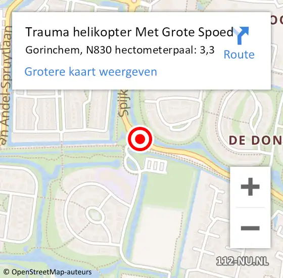 Locatie op kaart van de 112 melding: Trauma helikopter Met Grote Spoed Naar Gorinchem, N830 hectometerpaal: 3,3 op 17 februari 2023 12:35