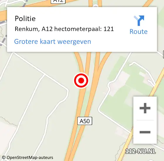 Locatie op kaart van de 112 melding: Politie Renkum, A12 hectometerpaal: 121 op 17 februari 2023 14:19