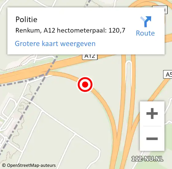 Locatie op kaart van de 112 melding: Politie Renkum, A12 hectometerpaal: 120,7 op 17 februari 2023 14:41