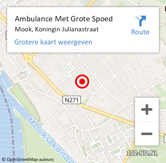 Locatie op kaart van de 112 melding: Ambulance Met Grote Spoed Naar Mook, Koningin Julianastraat op 17 februari 2023 15:33