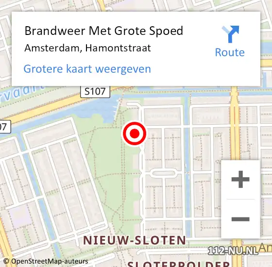 Locatie op kaart van de 112 melding: Brandweer Met Grote Spoed Naar Amsterdam, Hamontstraat op 17 februari 2023 16:21