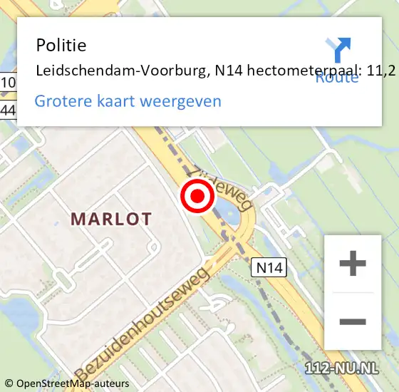 Locatie op kaart van de 112 melding: Politie Leidschendam-Voorburg, N14 hectometerpaal: 11,2 op 17 februari 2023 16:32