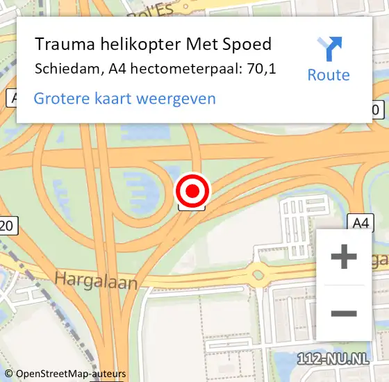 Locatie op kaart van de 112 melding: Trauma helikopter Met Spoed Naar Schiedam, A4 hectometerpaal: 70,1 op 17 februari 2023 17:00