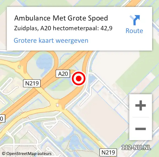 Locatie op kaart van de 112 melding: Ambulance Met Grote Spoed Naar Zuidplas, A20 hectometerpaal: 42,9 op 17 februari 2023 17:24