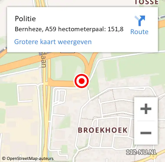 Locatie op kaart van de 112 melding: Politie Bernheze, A59 hectometerpaal: 151,8 op 17 februari 2023 22:56