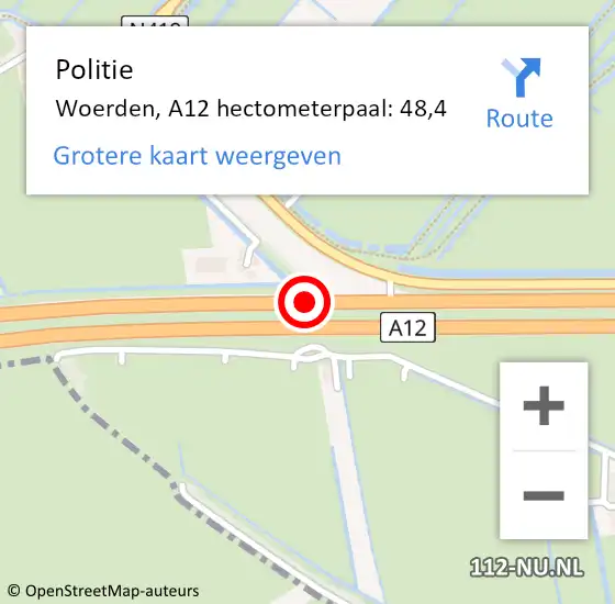 Locatie op kaart van de 112 melding: Politie Woerden, A12 hectometerpaal: 48,4 op 17 februari 2023 23:59