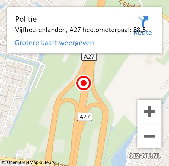 Locatie op kaart van de 112 melding: Politie Vijfheerenlanden, A27 hectometerpaal: 58,5 op 18 februari 2023 01:22
