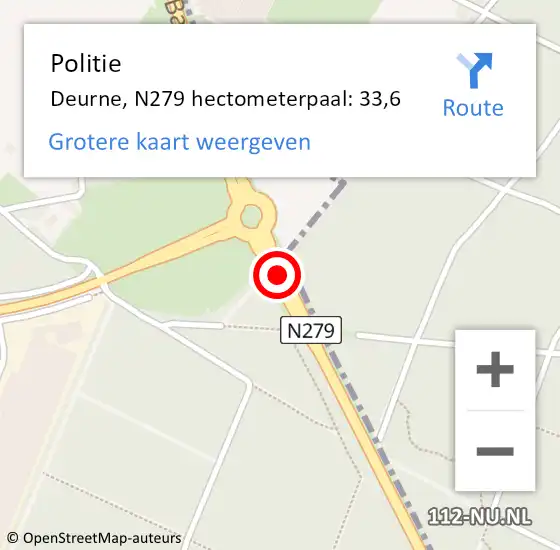 Locatie op kaart van de 112 melding: Politie Deurne, N279 hectometerpaal: 33,6 op 18 februari 2023 02:25