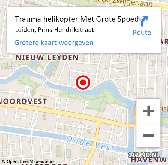 Locatie op kaart van de 112 melding: Trauma helikopter Met Grote Spoed Naar Leiden, Prins Hendrikstraat op 18 februari 2023 02:31