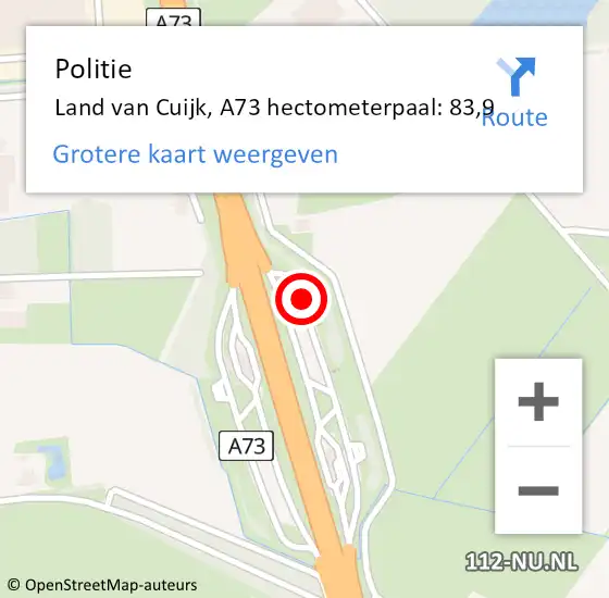 Locatie op kaart van de 112 melding: Politie Land van Cuijk, A73 hectometerpaal: 83,9 op 18 februari 2023 03:36