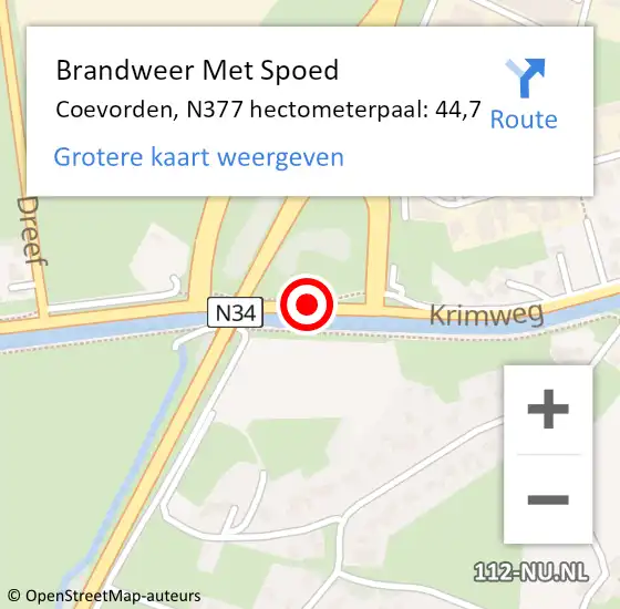 Locatie op kaart van de 112 melding: Brandweer Met Spoed Naar Coevorden, N377 hectometerpaal: 44,7 op 18 februari 2023 04:14
