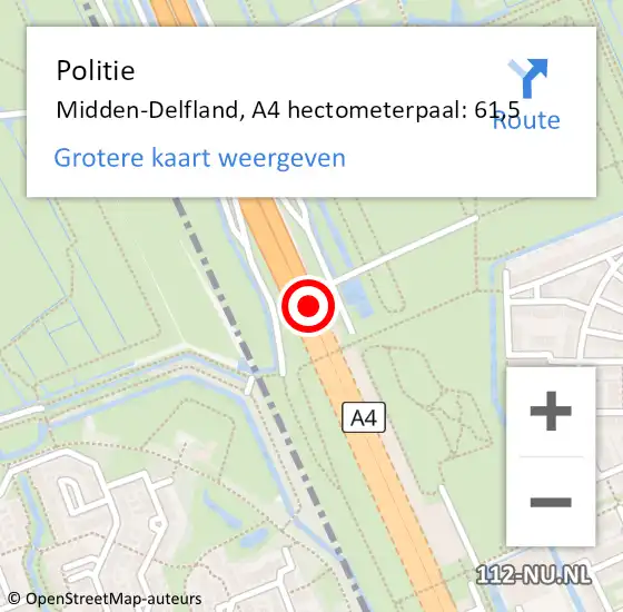 Locatie op kaart van de 112 melding: Politie Midden-Delfland, A4 hectometerpaal: 61,5 op 18 februari 2023 13:23