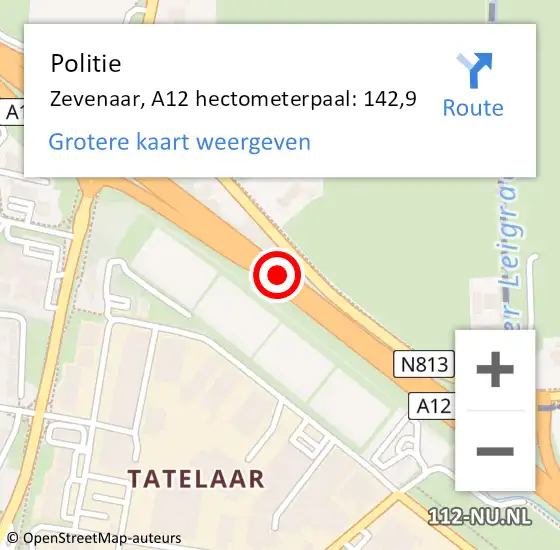 Locatie op kaart van de 112 melding: Politie Zevenaar, A12 hectometerpaal: 142,9 op 18 februari 2023 13:51