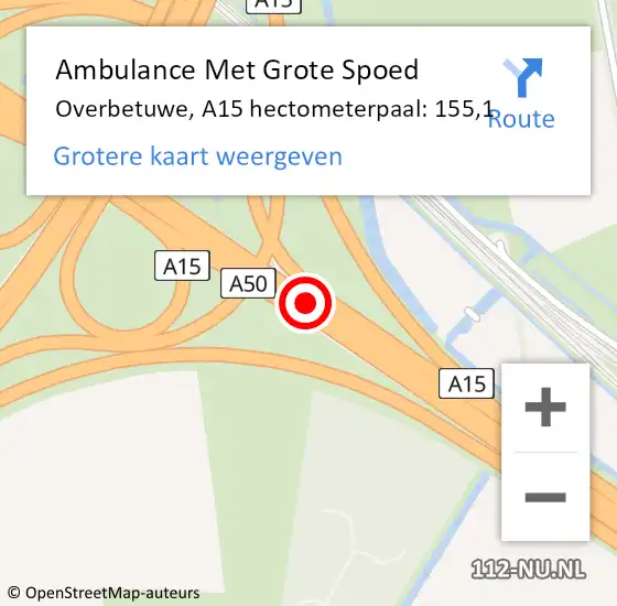 Locatie op kaart van de 112 melding: Ambulance Met Grote Spoed Naar Overbetuwe, A15 hectometerpaal: 155,1 op 18 februari 2023 13:51