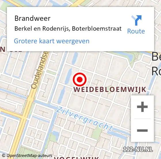 Locatie op kaart van de 112 melding: Brandweer Berkel en Rodenrijs, Boterbloemstraat op 18 februari 2023 14:07