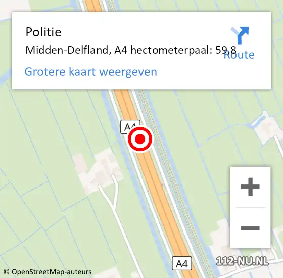 Locatie op kaart van de 112 melding: Politie Midden-Delfland, A4 hectometerpaal: 59,8 op 18 februari 2023 15:07