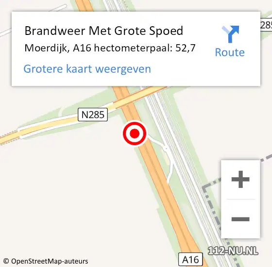 Locatie op kaart van de 112 melding: Brandweer Met Grote Spoed Naar Moerdijk, A16 hectometerpaal: 52,7 op 18 februari 2023 16:07