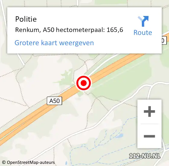 Locatie op kaart van de 112 melding: Politie Renkum, A50 hectometerpaal: 165,6 op 18 februari 2023 19:37
