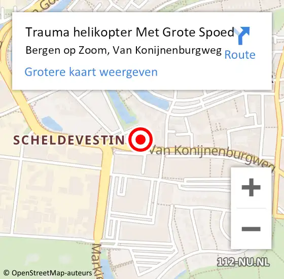 Locatie op kaart van de 112 melding: Trauma helikopter Met Grote Spoed Naar Bergen op Zoom, Van Konijnenburgweg op 18 februari 2023 19:49