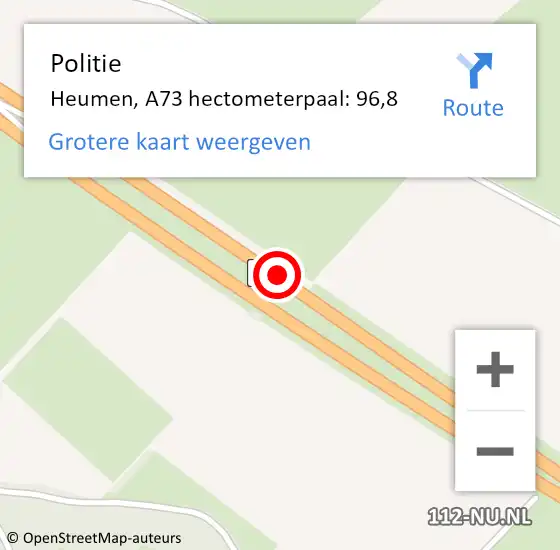 Locatie op kaart van de 112 melding: Politie Heumen, A73 hectometerpaal: 96,8 op 18 februari 2023 22:46