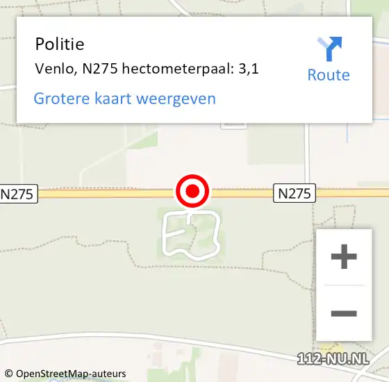 Locatie op kaart van de 112 melding: Politie Venlo, N275 hectometerpaal: 3,1 op 19 februari 2023 07:02