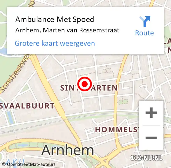Locatie op kaart van de 112 melding: Ambulance Met Spoed Naar Arnhem, Marten van Rossemstraat op 19 februari 2023 08:27
