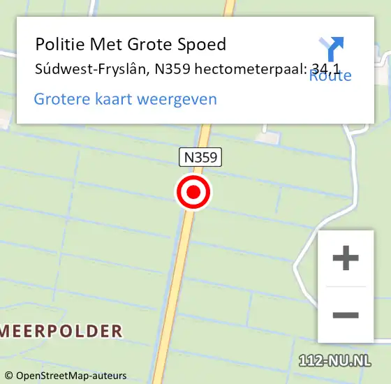 Locatie op kaart van de 112 melding: Politie Met Grote Spoed Naar Súdwest-Fryslân, N359 hectometerpaal: 34,1 op 19 februari 2023 09:17