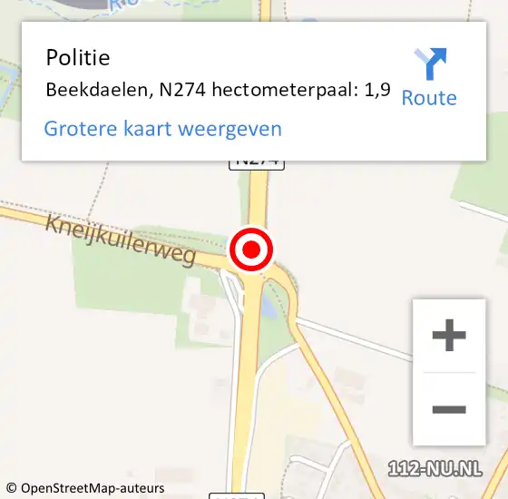 Locatie op kaart van de 112 melding: Politie Beekdaelen, N274 hectometerpaal: 1,9 op 19 februari 2023 11:34