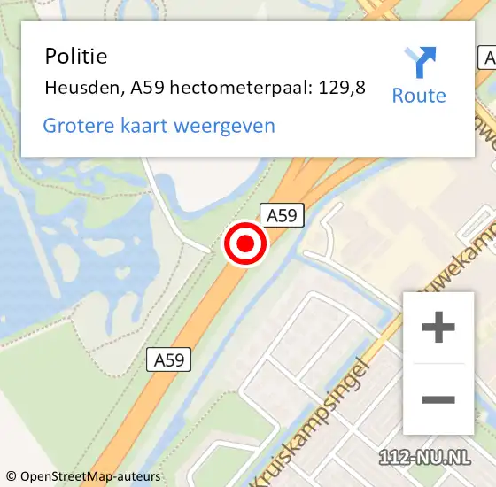 Locatie op kaart van de 112 melding: Politie Heusden, A59 hectometerpaal: 129,8 op 19 februari 2023 11:44