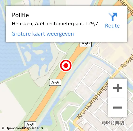 Locatie op kaart van de 112 melding: Politie Heusden, A59 hectometerpaal: 129,7 op 19 februari 2023 11:45