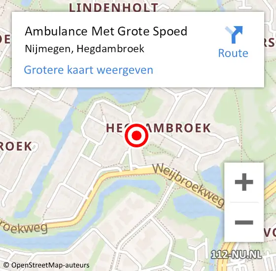 Locatie op kaart van de 112 melding: Ambulance Met Grote Spoed Naar Nijmegen, Hegdambroek op 19 februari 2023 11:55