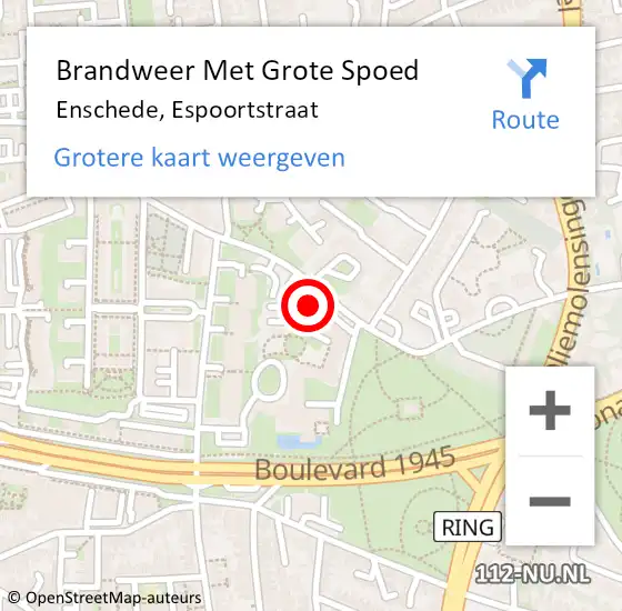 Locatie op kaart van de 112 melding: Brandweer Met Grote Spoed Naar Enschede, Espoortstraat op 19 februari 2023 14:59