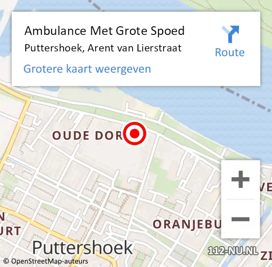 Locatie op kaart van de 112 melding: Ambulance Met Grote Spoed Naar Puttershoek, Arent van Lierstraat op 19 februari 2023 16:35