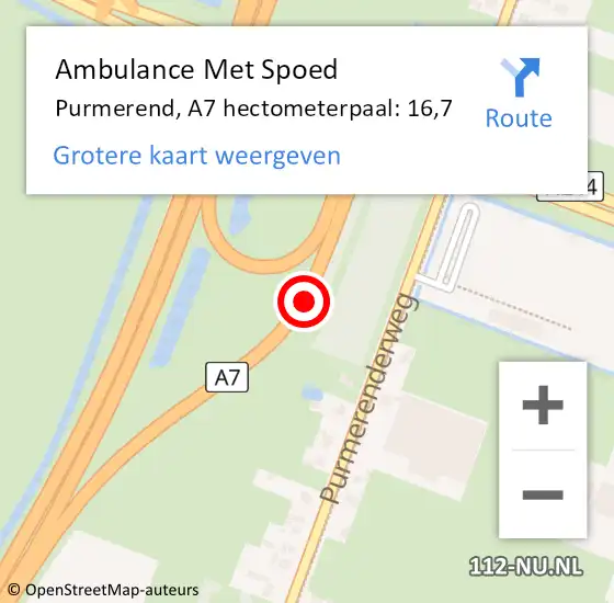 Locatie op kaart van de 112 melding: Ambulance Met Spoed Naar Purmerend, A7 hectometerpaal: 16,7 op 19 februari 2023 16:54