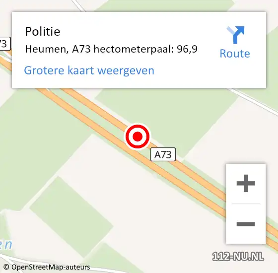 Locatie op kaart van de 112 melding: Politie Heumen, A73 hectometerpaal: 96,9 op 19 februari 2023 18:14