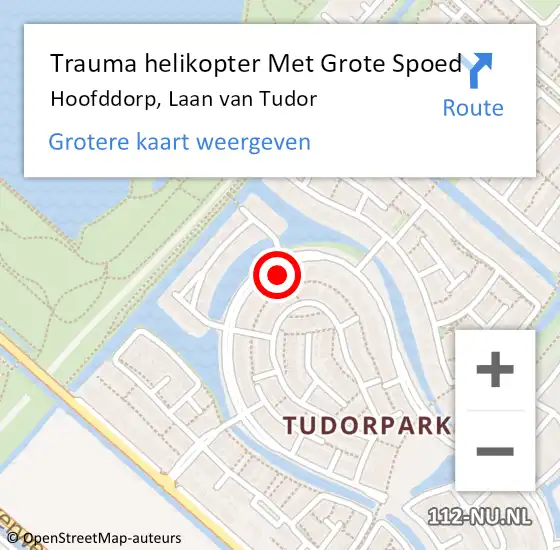 Locatie op kaart van de 112 melding: Trauma helikopter Met Grote Spoed Naar Hoofddorp, Laan van Tudor op 19 februari 2023 19:51