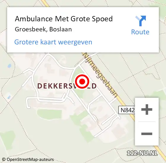 Locatie op kaart van de 112 melding: Ambulance Met Grote Spoed Naar Groesbeek, Boslaan op 19 februari 2023 22:16