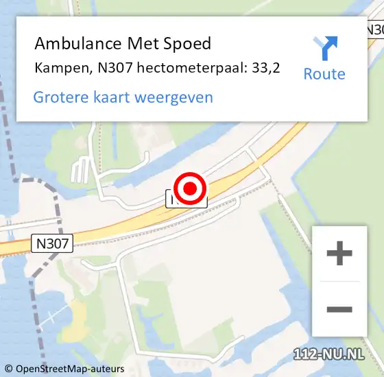 Locatie op kaart van de 112 melding: Ambulance Met Spoed Naar Kampen, N307 hectometerpaal: 33,2 op 19 februari 2023 22:46