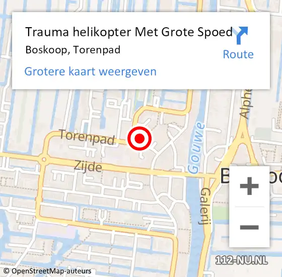 Locatie op kaart van de 112 melding: Trauma helikopter Met Grote Spoed Naar Boskoop, Torenpad op 20 februari 2023 03:46