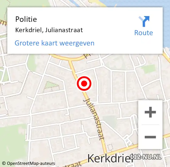 Locatie op kaart van de 112 melding: Politie Kerkdriel, Julianastraat op 20 februari 2023 04:08