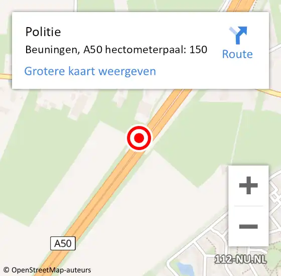 Locatie op kaart van de 112 melding: Politie Beuningen, A50 hectometerpaal: 150 op 20 februari 2023 09:07