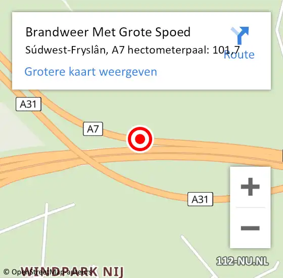 Locatie op kaart van de 112 melding: Brandweer Met Grote Spoed Naar Súdwest-Fryslân, A7 hectometerpaal: 101,7 op 20 februari 2023 09:38