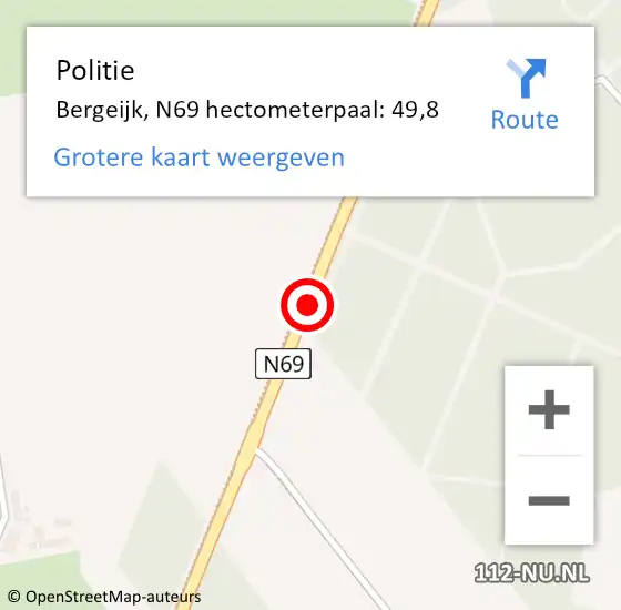 Locatie op kaart van de 112 melding: Politie Bergeijk, N69 hectometerpaal: 49,8 op 20 februari 2023 11:51