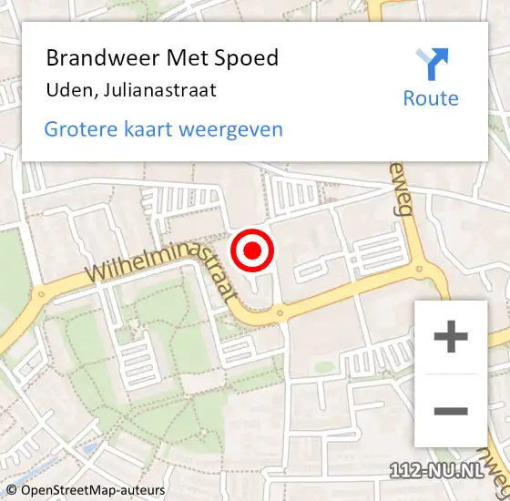 Locatie op kaart van de 112 melding: Brandweer Met Spoed Naar Uden, Julianastraat op 20 februari 2023 12:05