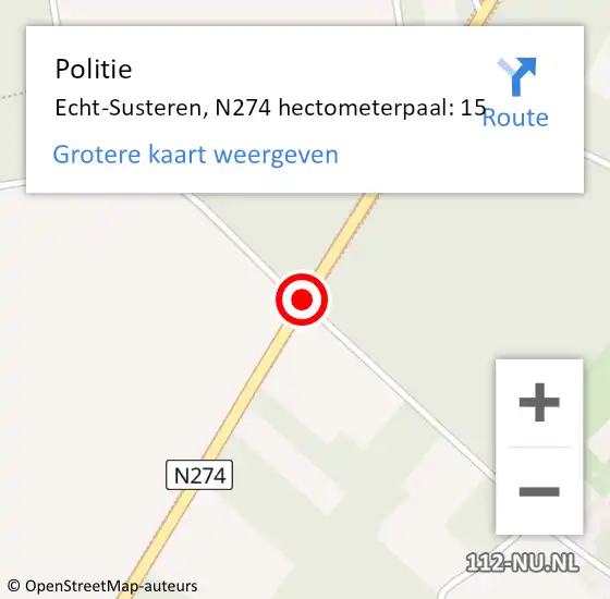 Locatie op kaart van de 112 melding: Politie Echt-Susteren, N274 hectometerpaal: 15 op 20 februari 2023 13:11