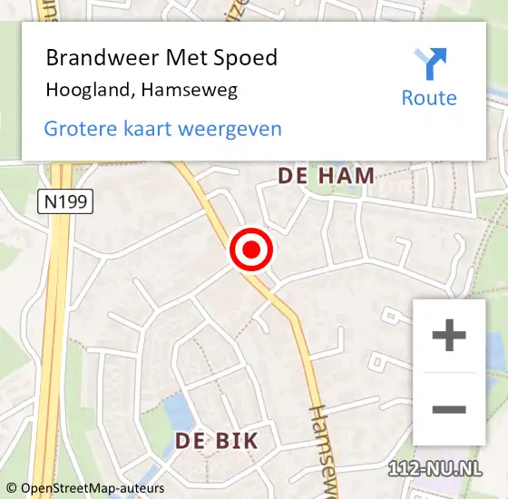 Locatie op kaart van de 112 melding: Brandweer Met Spoed Naar Hoogland, Hamseweg op 20 februari 2023 14:21