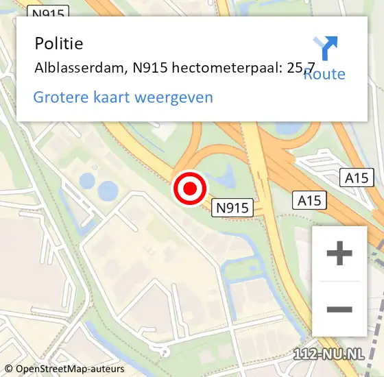 Locatie op kaart van de 112 melding: Politie Alblasserdam, N915 hectometerpaal: 25,7 op 20 februari 2023 14:46