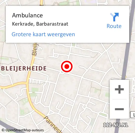 Locatie op kaart van de 112 melding: Ambulance Kerkrade, Barbarastraat op 16 augustus 2014 10:35