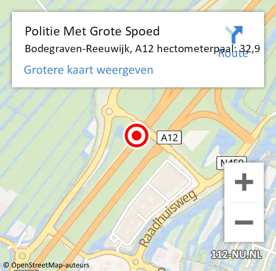 Locatie op kaart van de 112 melding: Politie Met Grote Spoed Naar Bodegraven-Reeuwijk, A12 hectometerpaal: 32,9 op 20 februari 2023 17:29