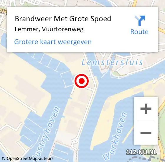 Locatie op kaart van de 112 melding: Brandweer Met Grote Spoed Naar Lemmer, Vuurtorenweg op 20 februari 2023 18:12